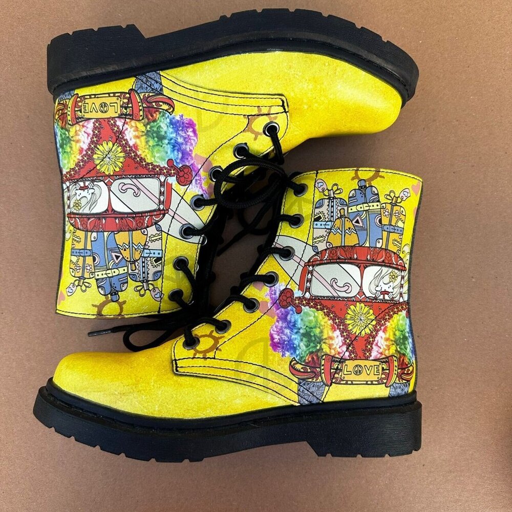 Yes We Vibe Combat Boots Yellow Travel Van Women’s Size 7 EU 38 Vegan Lace Up - Picture 7 of 10
